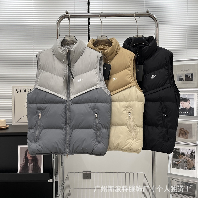 Cross-Border Wholesale Winter Color-Blocking Vest Nk Cotton Jacket Stand Collar Small Hook Letter Print Unisex Vest Warm
