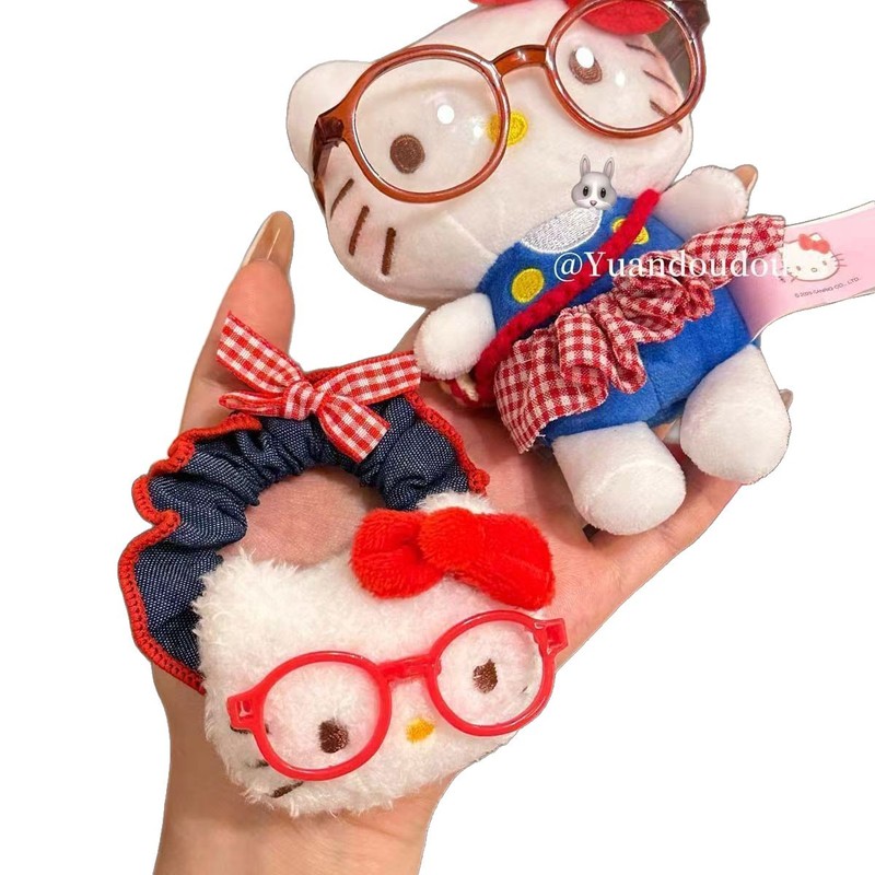 かわいい昔ながらのメガネキティ猫デニムヘアバンド女の子シンプルなポニーテール高弾性ヘアロープゴムバンド|undefined