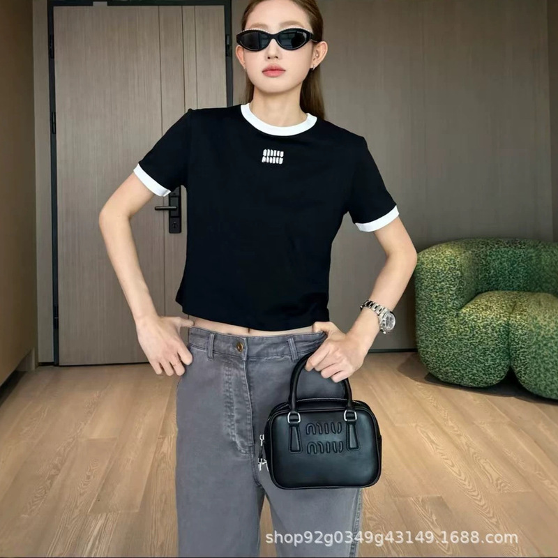 Nanyou High Edition/Miu Home 2026 Spring New Laser Cut Letter Logo Color-Block Round Neck Casual Short Sleeve T-Shirt for Women Nanyou High Edition/Miu Home 2026 Spring New Laser Cut Letter Logo Color-Block Round Neck Casual Short Sleeve T-Shirt for Women