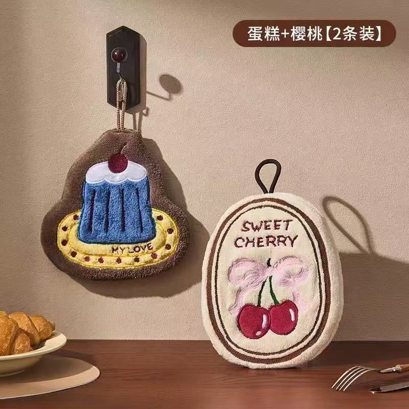 Cherry Cake Hand Towel, Kitchen and Bathroom Hanging Handkerchief, Absorbent, Thickened, Quick-Drying, Cute, High-Looking, Small Hand Towel
