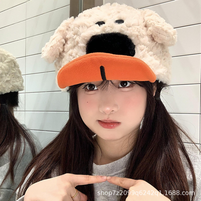 可爱卡通吐舌小狗翻檐棒球帽女秋冬季毛绒保暖护耳甜美鸭舌帽子潮|undefined