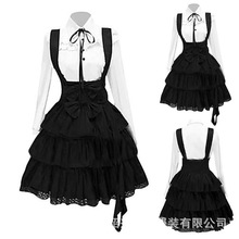 跨境热卖洛丽塔纯色中裙可爱气质通勤黑色裙套装翻领高腰女连衣裙