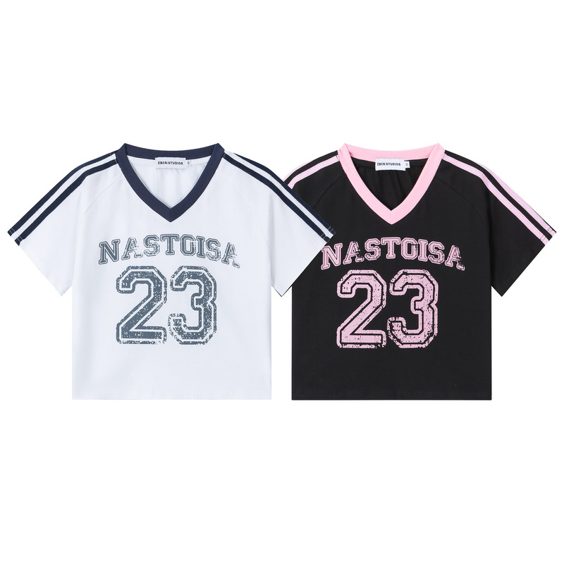 Hot Girl Style V-Neck Sports Jersey Short Top for Women, High-Waisted Striped Vintage Print Waist-Cinching Short-Sleeve T-Shirt Hot Girl Style V-Neck Sports Jersey Short Top for Women, High-Waisted Striped Vintage Print Waist-Cinching Short-Sleeve T-Shirt