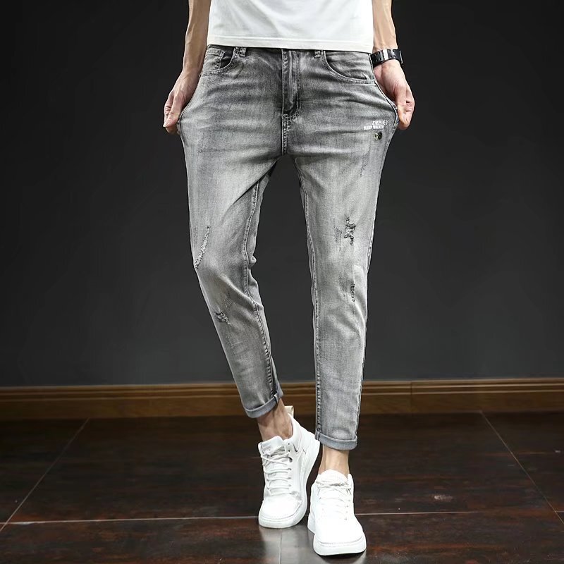 Jeans Men's Trendy Brand Slim-fit Skinny Feet 2022 New Summer Thin Smoky Grey Korean Style Trendy Ankle-length Pants