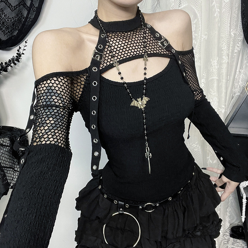 Cf24265 Dark Style Fishnet Patchwork Off-Shoulder Long-Sleeve Top 2025 New Gothic Style Sexy Hot Girl Long-Sleeve