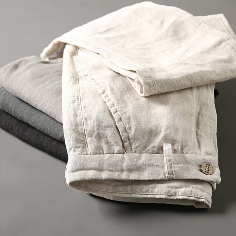 Linen Casual Pants Men's Trendy Summer Thin Linen Pants Slim-fit Vintage Straight Trousers High Quality TB Cotton Linen Pants