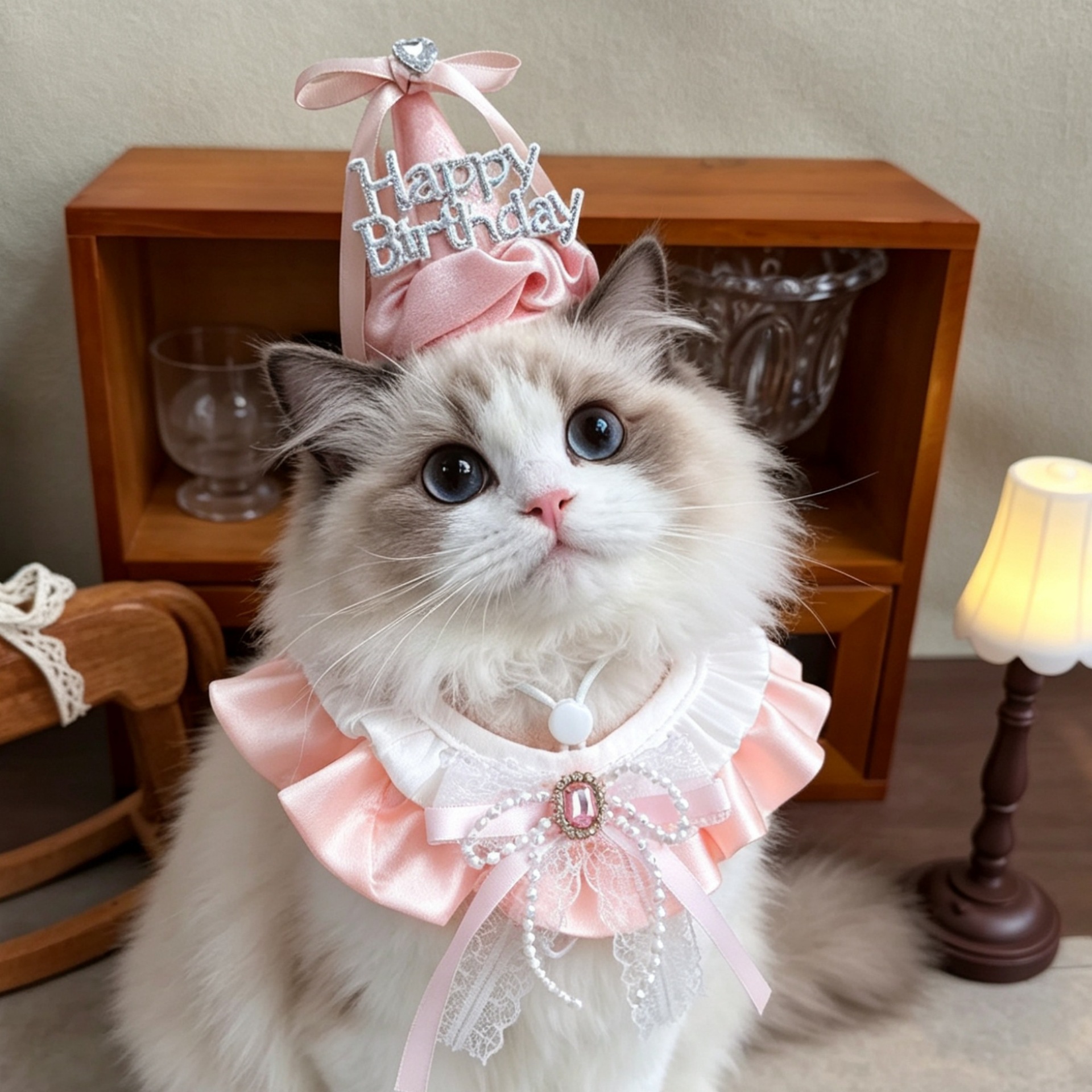 Cumpleaños de gato vestido sombrero mascota perro fiesta de cumpleaños princesa viento conjunto de diamantes collar de perro pequeño y mediano image 3