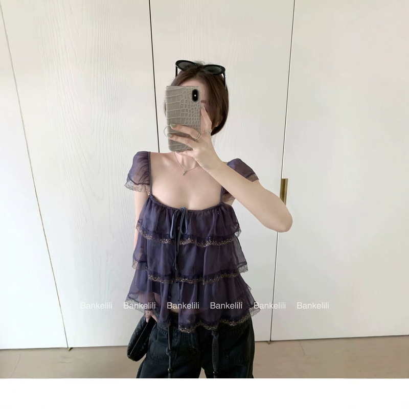 Chestnut Cocoa Bankelili'Penhaligon's' Ruffled Lace Layered Small Flutter Sleeves Square Neck Camisole for Women Chestnut Cocoa Bankelili'Penhaligon's' Ruffled Lace Layered Small Flutter Sleeves Square Neck Camisole for Women
