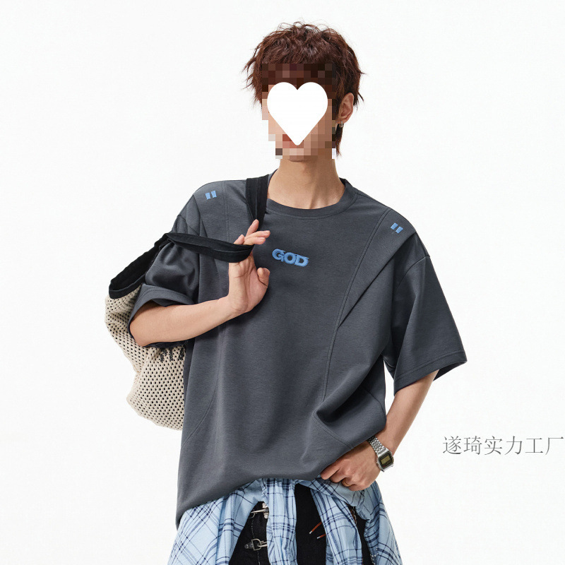 American-Style Color-Blocking 3D Embroidered Short-Sleeve T-Shirt for Men, Summer Style with Loose Shoulder Cut and Textured Loose Fit Half-Sleeve Tee American-Style Color-Blocking 3D Embroidered Short-Sleeve T-Shirt for Men, Summer Style with Loose Shoulder Cut and Textured Loose Fit Half-Sleeve Tee