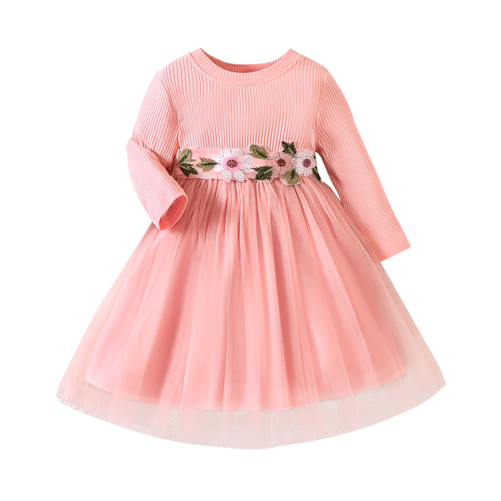 Vêtements pour enfants EW Nouveau produit pour filles Printemps et automne Robe en maille à manches longues en tricot fleuri Q1391-C_voghion.com