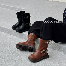 QQO童鞋 2023秋季新款儿童马丁靴皮带扣中高筒西部牛仔靴骑士长靴