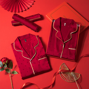 Couple Pajamas Women's Spring and Autumn Wedding Satin Short-sleeved Newlywed Red Life Year Jacquard Men's Home Suit