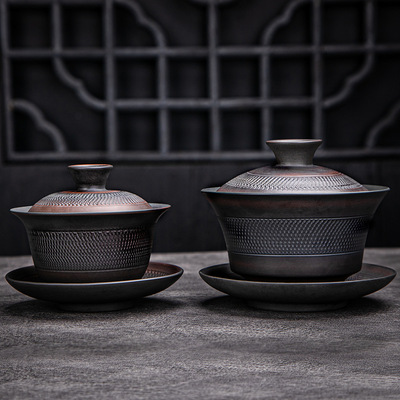 建水紫陶盖碗 手工复古跳刀陶瓷三才盖碗功夫茶具茶碗茶杯泡茶器|ms