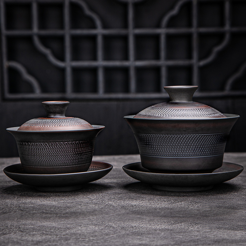 建水紫陶盖碗 手工复古跳刀陶瓷三才盖碗功夫茶具茶碗茶杯泡茶器|ms