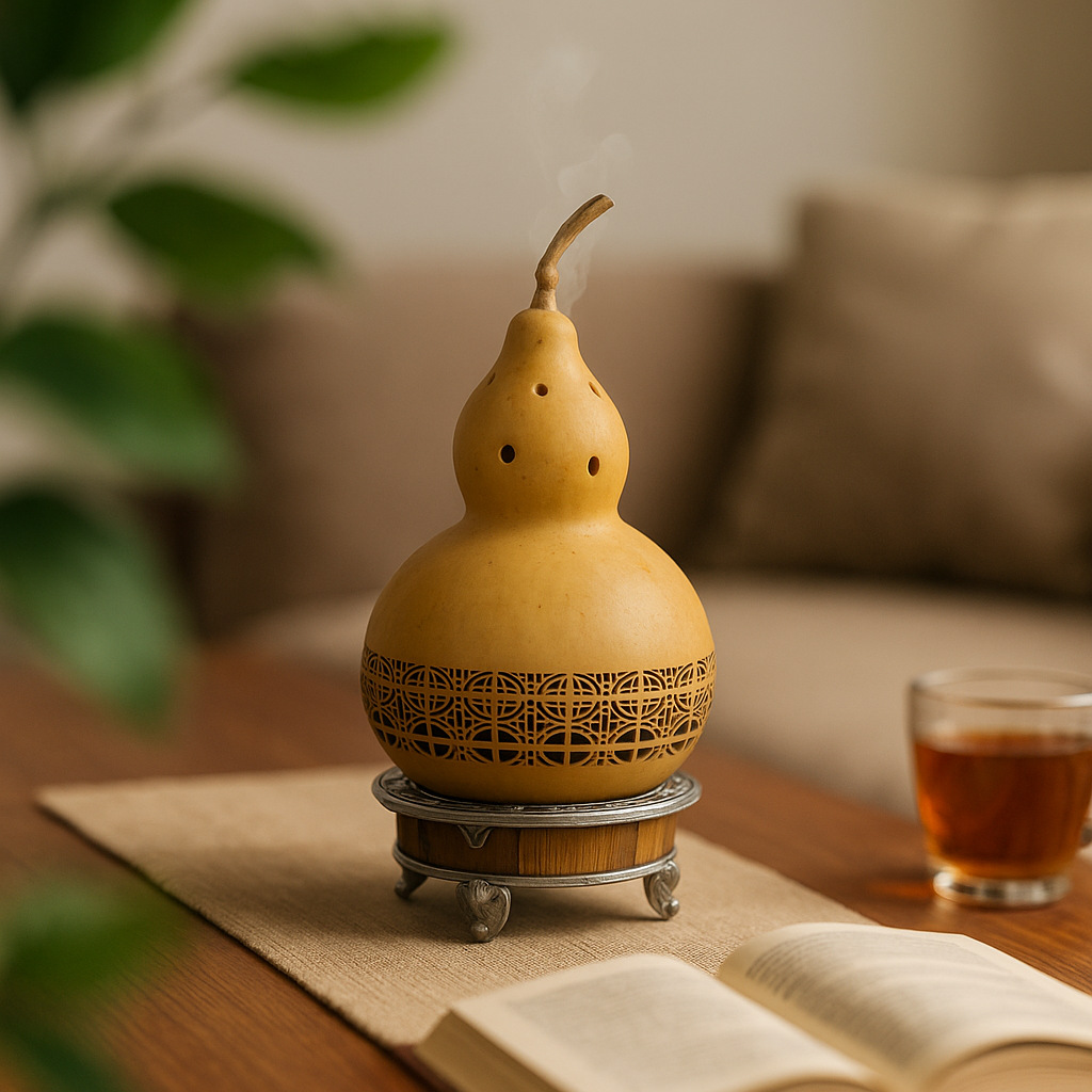 Naturally shaped gourd-shaped incense burner with old tin base, cloud-patterned bamboo base, Zen-inspired incense holder, creative ornament wholesale.