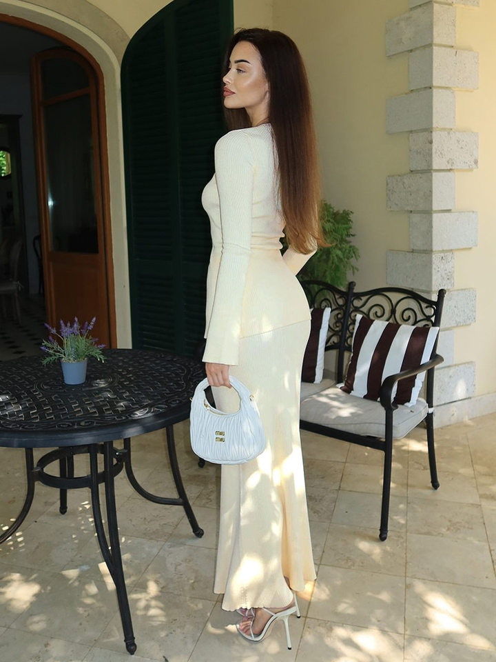 Bộ hai món áo cardigan dệt kim cổ chữ V gân sọc dài tay và chân váy dài cạp cao — Màu be, Màu tím chi tiết 35