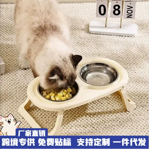 Товары для кошек и собак, миска для собак из нержавеющей стали, складная противоударная двойная миска двойного назначения, большая вместимость, защита шеи, миска для собак, оптовая продажа