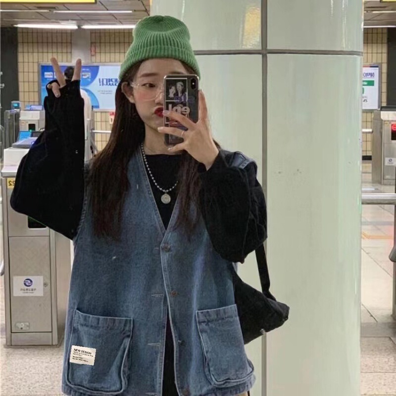 Vintage Loose Denim Vest Women's Spring and Autumn New Korean-style Design Sense All-match Student Sleeveless Vest Jacket