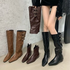 2025新款内增高尖头西部牛仔靴女鞋春秋单靴棕色美拉德中筒长靴子