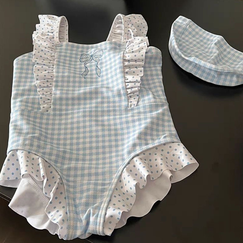 Girls' Swimsuit 2025 Summer New Western Style Children's Sweet Plaid Lace Swimsuit Baby's Fashionable Swimming Cap