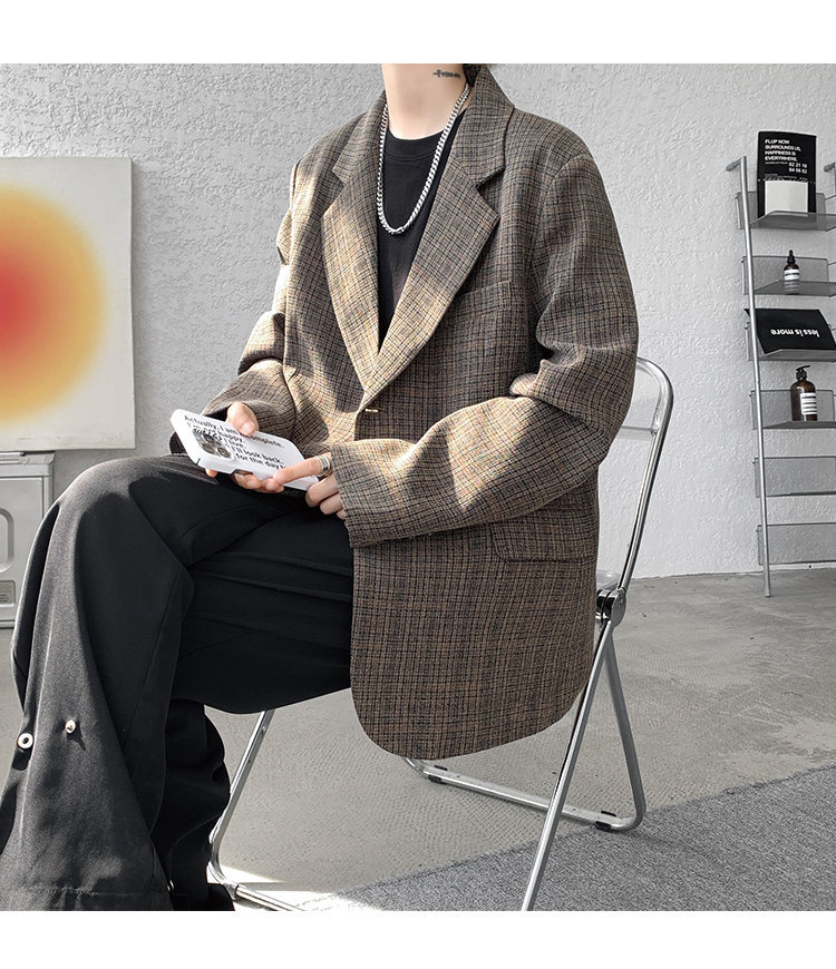 American Retro Houndstooth Blazer For Men Oversized Plaid Jacket_voghion.com