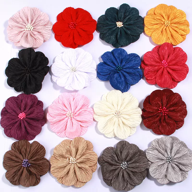 新款手工树皮纹褶皱布花朵 花芯头花 DIY发饰鞋帽花服饰配件16色