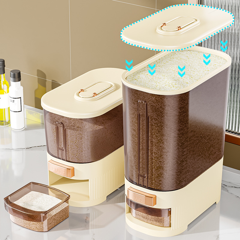 Cubo de arroz medido a presión para el hogar Cubo de almacenamiento de cocina con grietas Cubo visual de granos diversos Cubo de almacenamiento de arroz sellado de gran capacidad