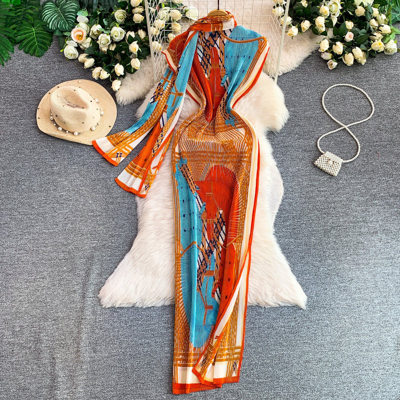 European and American Romantic Style, Showing Off Your Figure, Printed Pleated Dress, Elegant Ribbon, Slim Fit, Slit Long Dress for Women