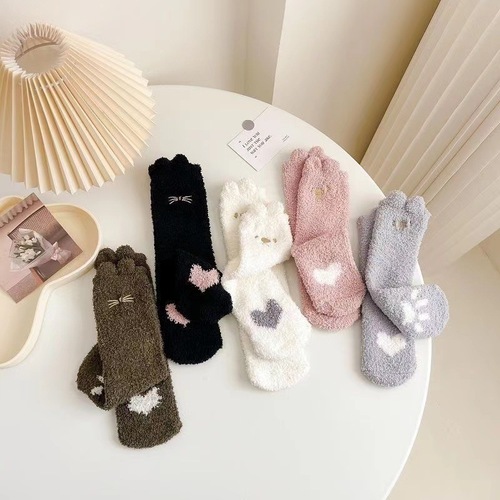 Coral Fleece Mid-Calf Socks for Autumn and Winter – Thickened, Warm, Half-Fleece Design – Women's Home Floor Socks & Sleep Socks with Small Ear Details