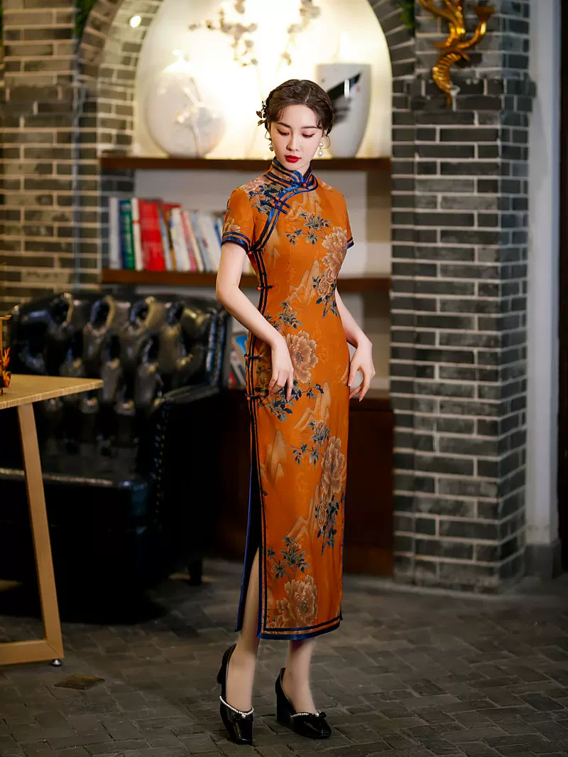 橙色改良法式旗袍连衣裙女2023年新款夏中国风复古气质年轻款长款