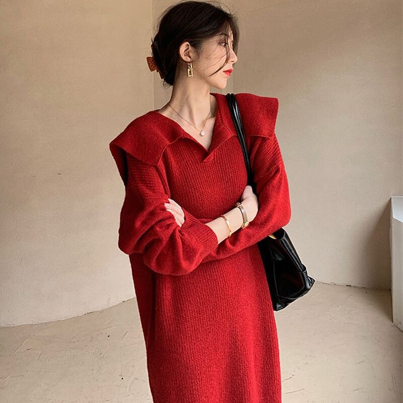 Lazy Style Red Knitted Dress 2024 New Women's Autumn and Winter High-end Christmas Wear Long Sleeve Sweater Skirt Lazy Style Red Knitted Dress 2024 New Women's Autumn and Winter High-end Christmas Wear Long Sleeve Sweater Skirt