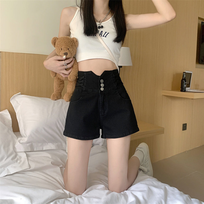 Elastic High-Waisted Tummy Control Denim Shorts for Women, Summer Straight-Leg Slim Fit Elastic Cross-Button Versatile Wide-Leg Hot Pants Elastic High-Waisted Tummy Control Denim Shorts for Women, Summer Straight-Leg Slim Fit Elastic Cross-Button Versatile Wide-Leg Hot Pants