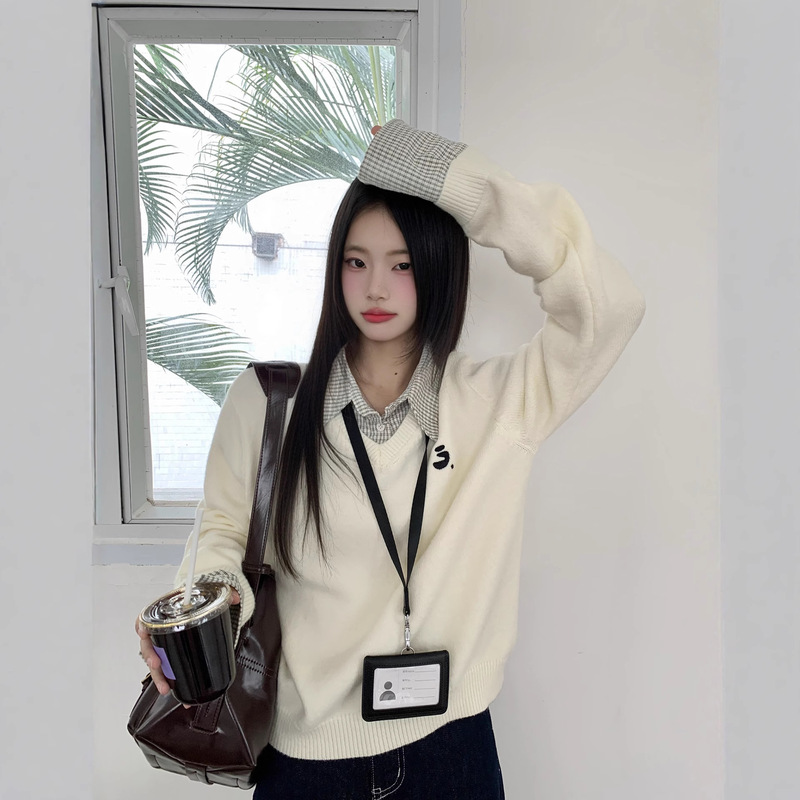 小仙倪子学院风格纹假两件毛织女圆领刺绣针织休闲慵懒感外套上衣|undefined