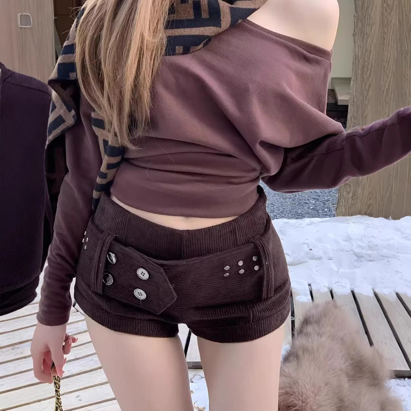 Vintage Corduroy Belted Casual Shorts for Women, Winter Versatile Slimming A-Line Straight Hot Pants Vintage Corduroy Belted Casual Shorts for Women, Winter Versatile Slimming A-Line Straight Hot Pants