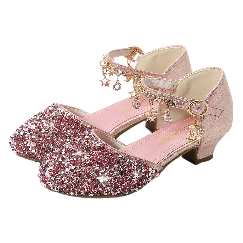 Sandalias de princesa para niñas, verano 2025, tacones altos para niñas pequeñas, zapatos de cuero con lentejuelas huecas y cristales, estilo princesa