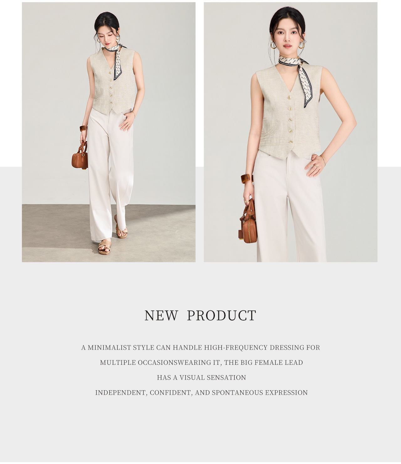 Áo khoác gile không tay cổ chữ V phối lớp phong cách cổ điển chất liệu vải lanh pha sợi Tencel — Màu cà phê chi tiết 4