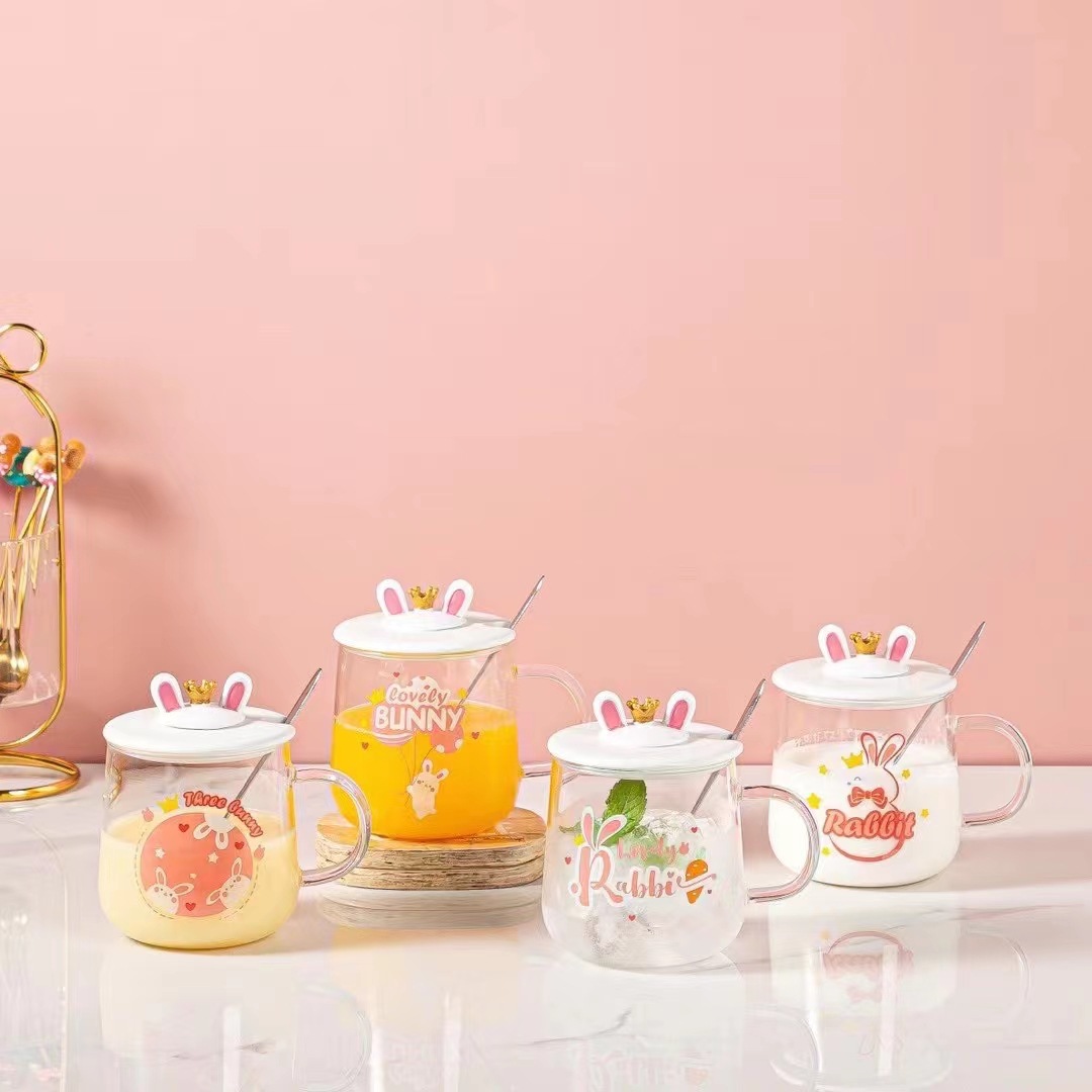Creativo lindo corona conejo de dibujos animados taza de cristal con tapa cuchara regalo personalizado taza de agua chica corazón estudiante taza