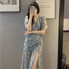 实拍实价小雏菊法式温柔女连衣裙改良旗袍裙收腰裙到脚踝