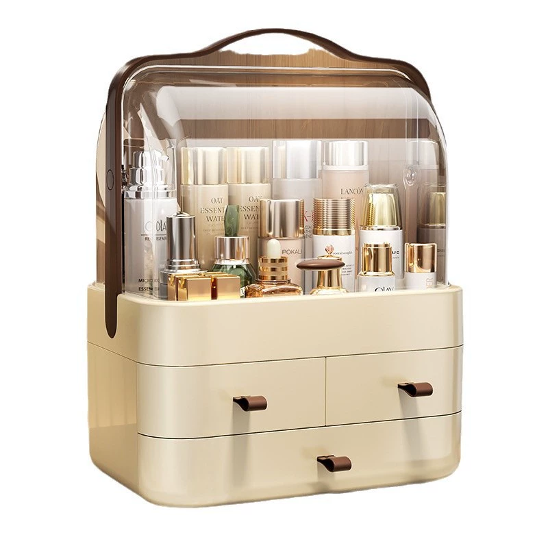 Cosmetic Storage Box, 3-Layer Makeup Organizer with Drawers & Transparent Hood, Portable Handle