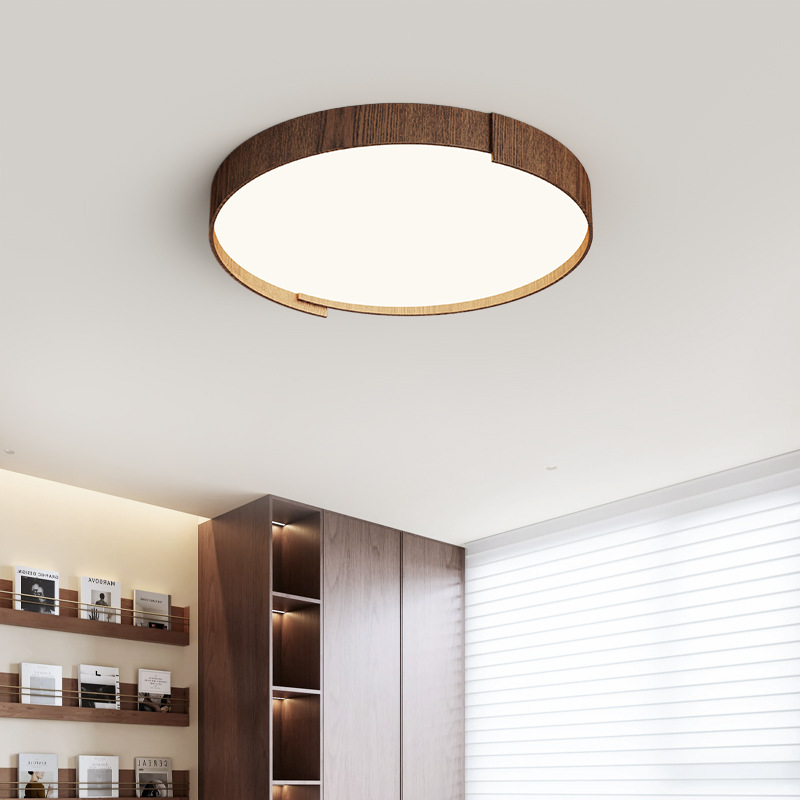 Lámpara de techo de dormitorio de estilo retro, personalidad de moda, grano de madera de nogal moderno, lámpara de sala de estar de protección ocular de espectro completo redondo