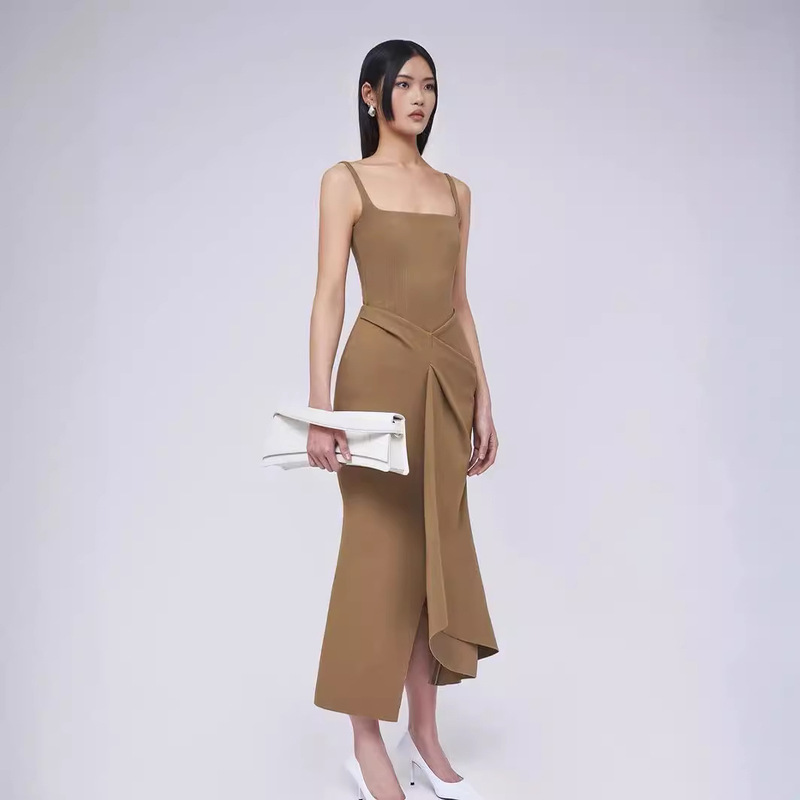 Fishtail Large Hem Space Cotton Elegant Khaki White Mini Dress Suspender Dress 30337