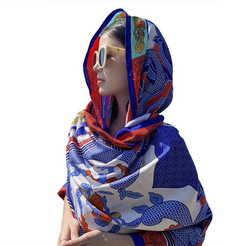 Nuevo estilo étnico rojo y azul flor impresa algodón y lino sensación bufanda playa viajes sol protección ligera Toalla de playa