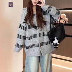 连帽慵懒开衫外套2025秋冬新款上衣针织韩系条纹宽松毛衣女装