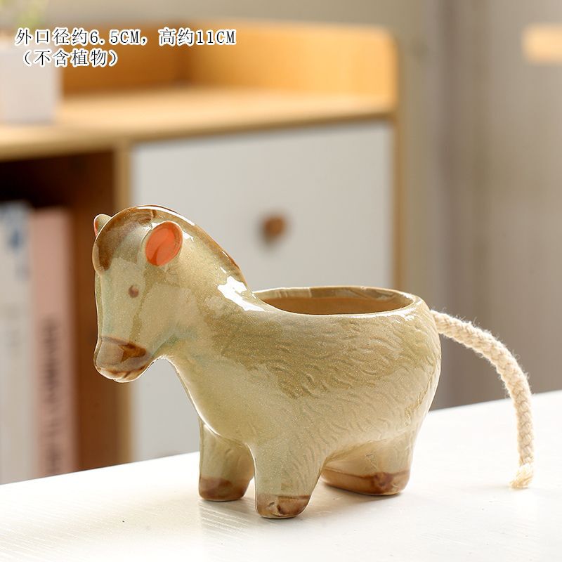 Cartoon Animal Succulent Pots with Kiln-Glazed Porcelain, Breathable Coarse Pottery Root-Control Pots for Home Use, Wholesale Clearance