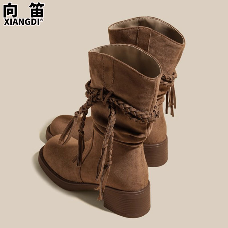 羊皮版复古流苏粗跟骑士靴女废土风西部牛仔靴不过膝长靴瘦瘦靴子|undefined