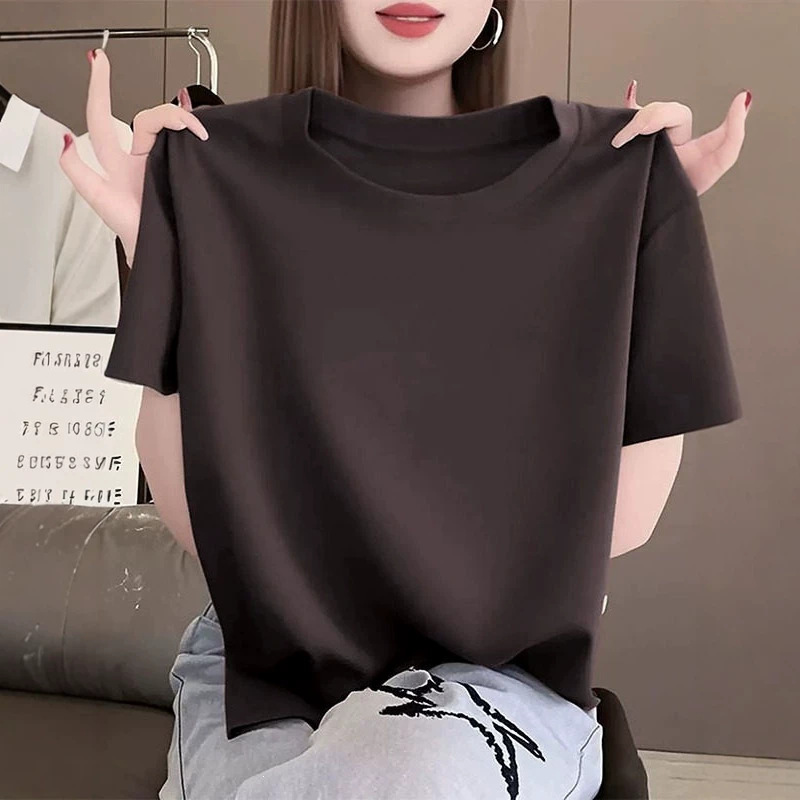 2026 New Style Women's T-Shirt with Regular Shoulders, Short Sleeves, Fashionable, Casual, Versatile, Slimming, Coffee Color, Basic Style, Base Shirt Top