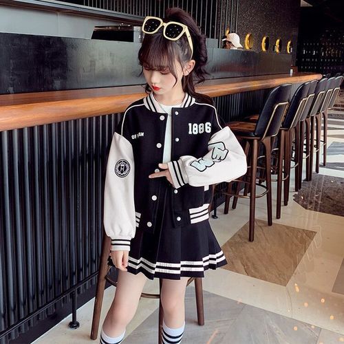 Girls Korean skirt suit  autumn new fashionable contrasting color baseball uniform jacket college pleated skirt two-piece set