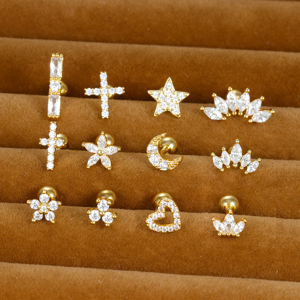 3g Weight Zircon Inlay Material Ear Studs Classification 1 Piece Quantity Daily, Street Occasion Stainless Steel Material Star, Heart Shape, Crown Pattern Women's Gender Plating, Inlay Design Simple Style Style 1 Piece Simple Style Star Heart Shape Crown Plating Inlay Stainless Steel Zircon Ear Studs 无