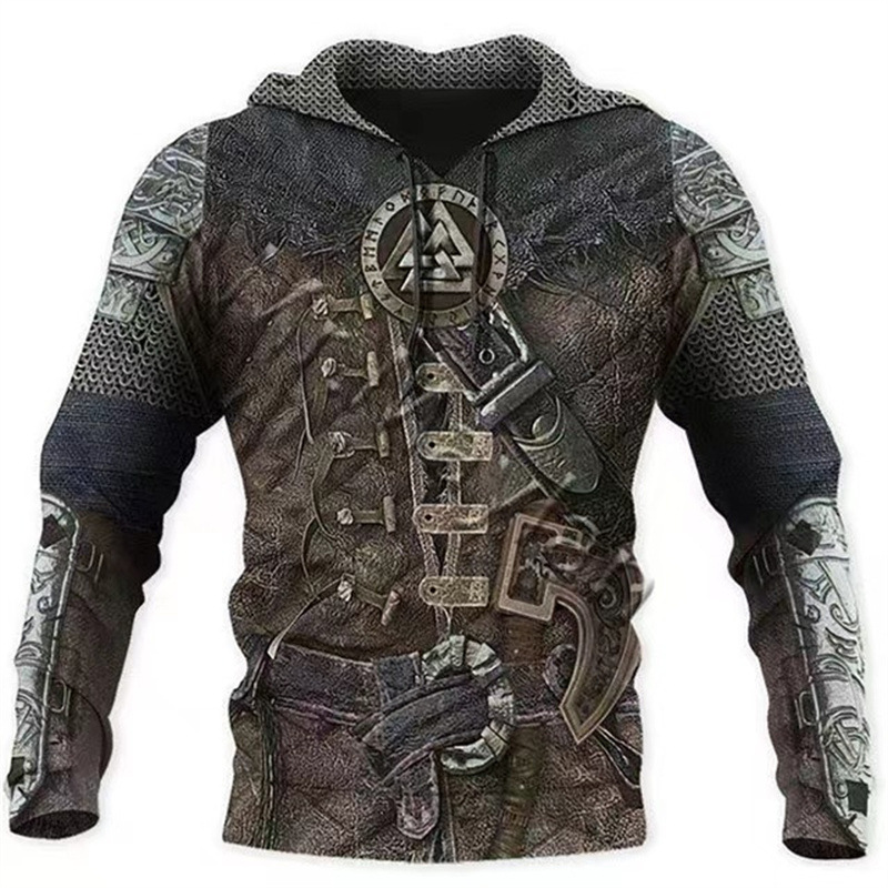 2024 Europa y América Primavera y otoño Moda nuevos hombres Viking Myth Series Cool Armor Print 3D Sudadera con capucha