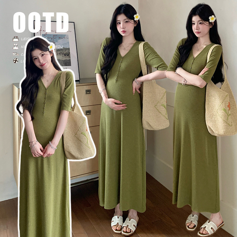 Real Shot of 2026 Fashion: Vacation Casual Slim-Fit Mid-Sleeve Summer New Style Elegant Long Dress Maternity Wear